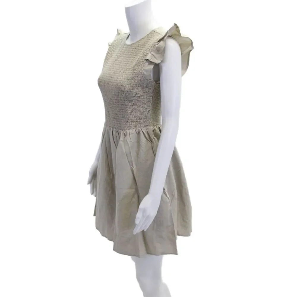 English Factory Womens Cap Sleeve Smocked Crew Neck Mini Dress Beige Size Small